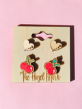 Hand-Painted Cherry & Engraved Heart Wood Stud Set