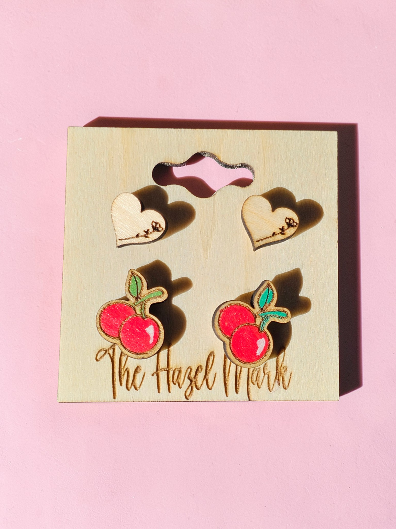 Hand-Painted Cherry & Engraved Heart Wood Stud Set