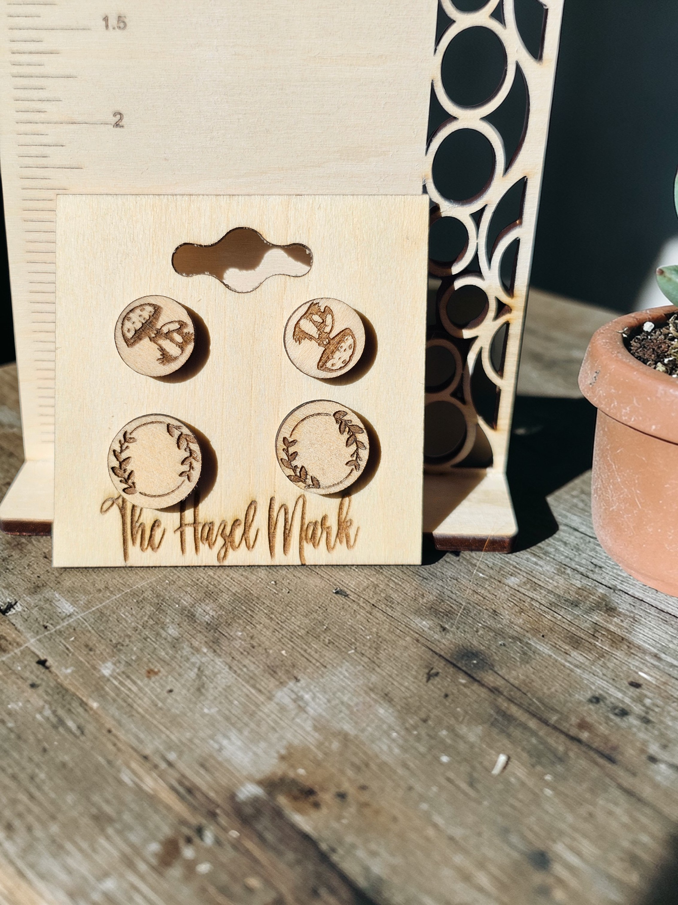 Engraved Mushroom & Laurel Wreath Wood Stud Set