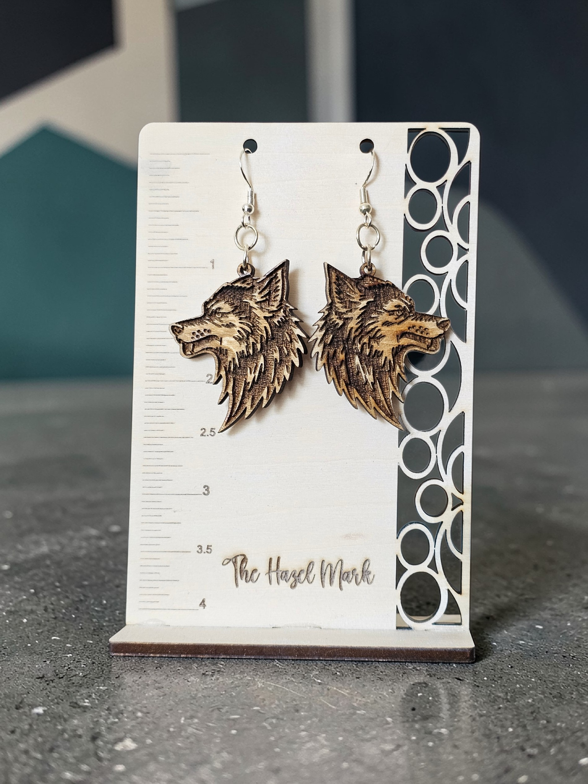 Wooden Wolf Dangle Earrings
