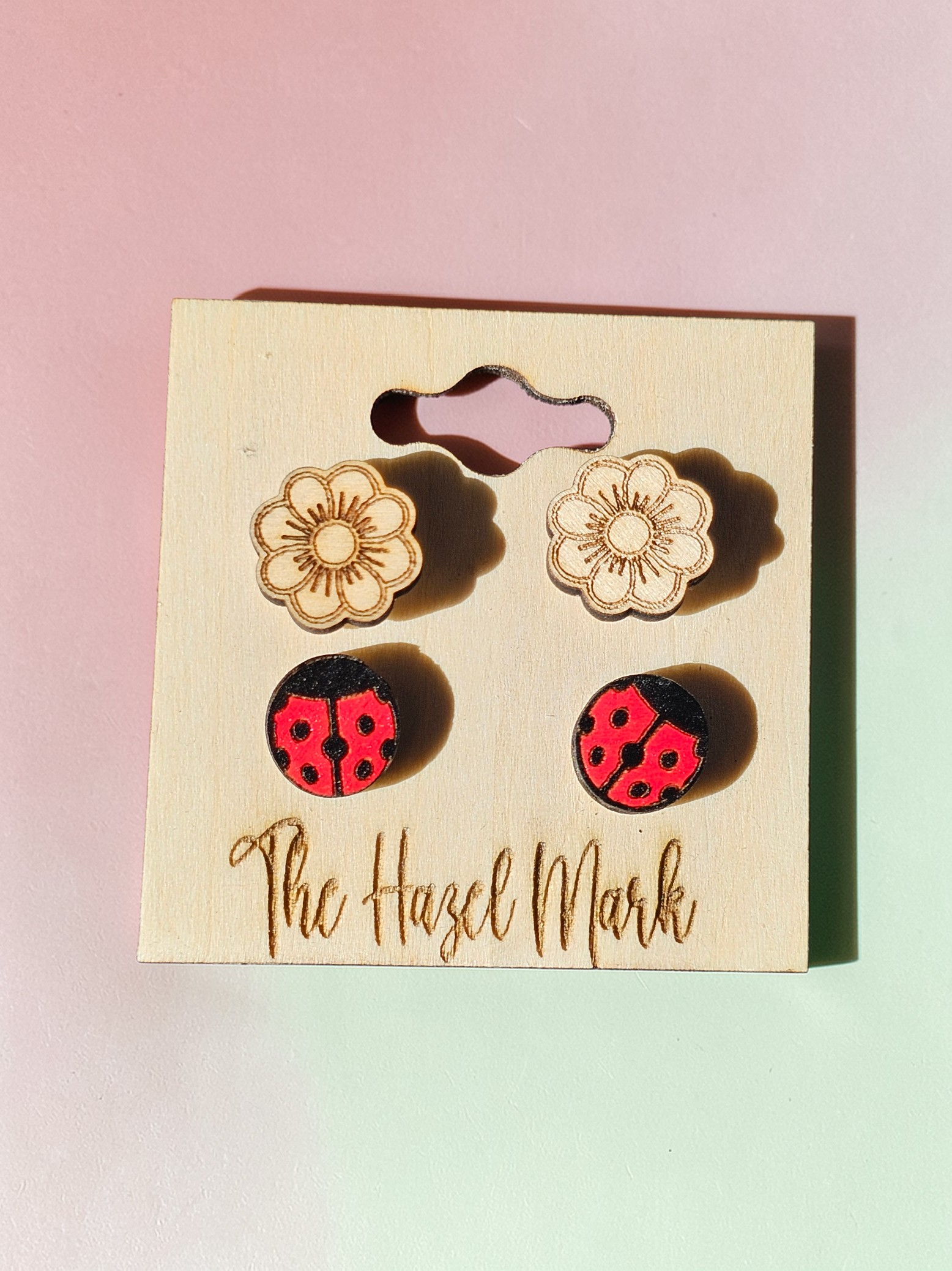 Hand-Painted Ladybug & Floral Wood Stud Set