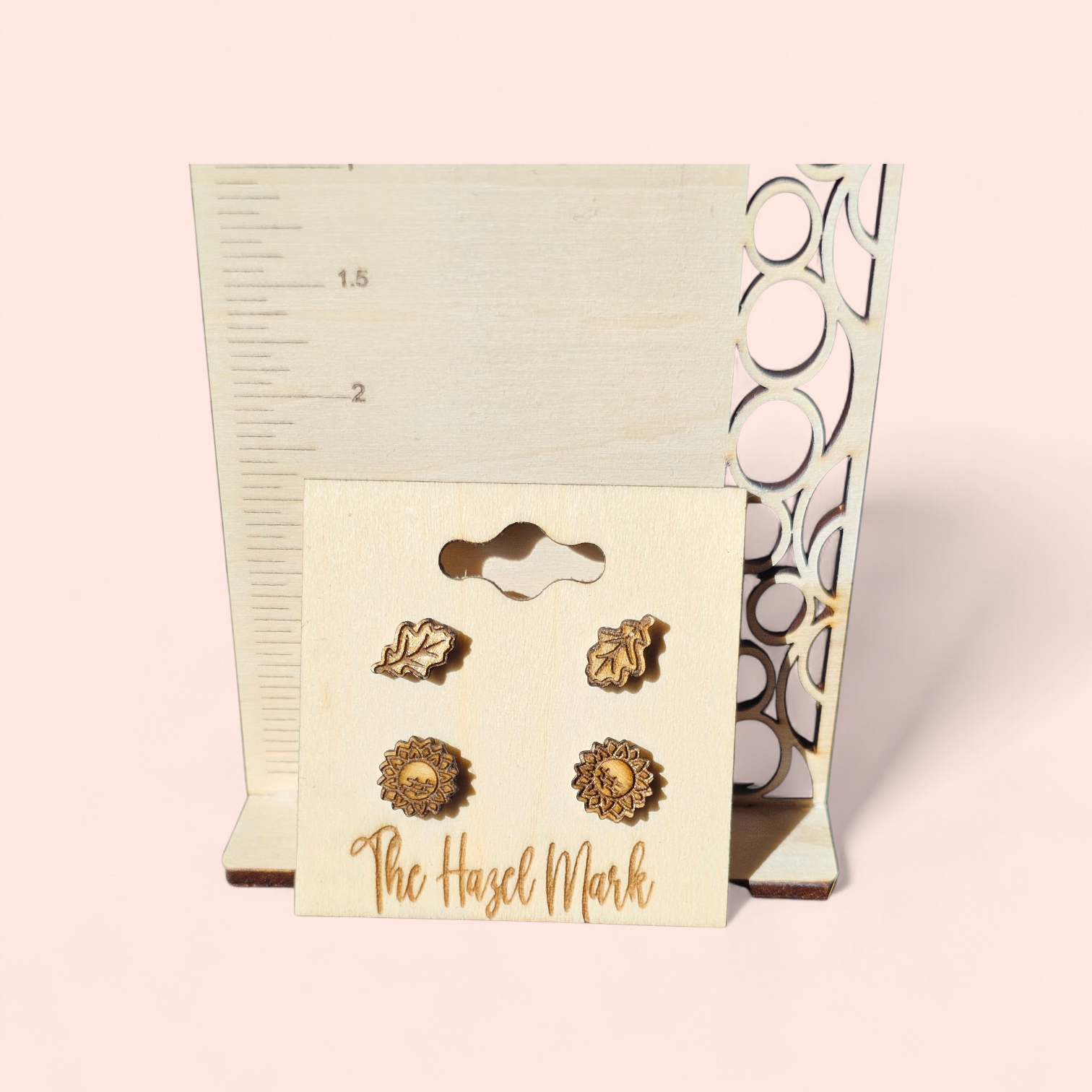 Engraved Sunflower & Oak Leaf Wood Stud Set