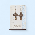 Engraved Ornate Wooden Cross Earrings