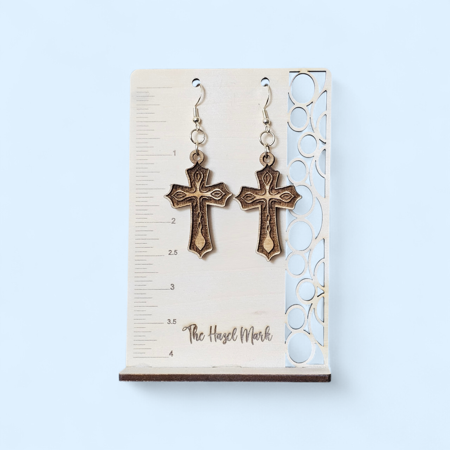 Engraved Ornate Wooden Cross Earrings