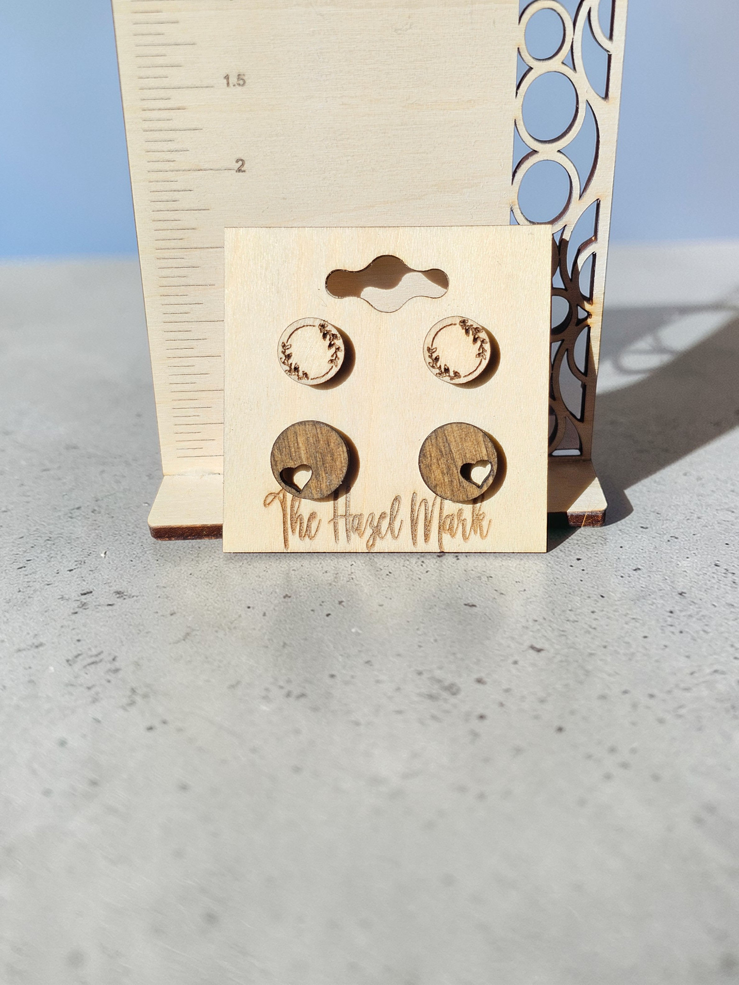 Engraved Laurel & Heart Cutout Wood Stud Set