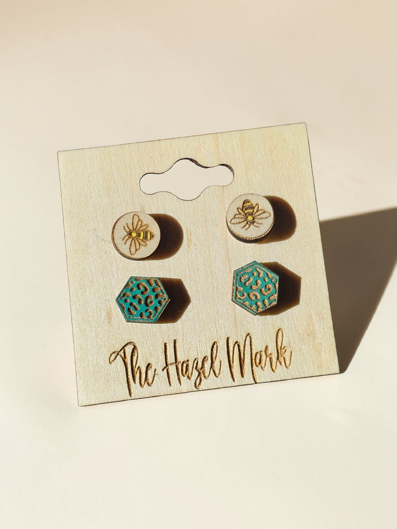 Engraved Bee and Hand-Painted Leapord Honey Comb Stud Set