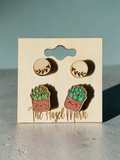 Hand-Painted Succulent & Engraved Leaf Wood Stud Set