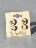 Engraved Hearts & Botanical Sprig Wood Stud Set