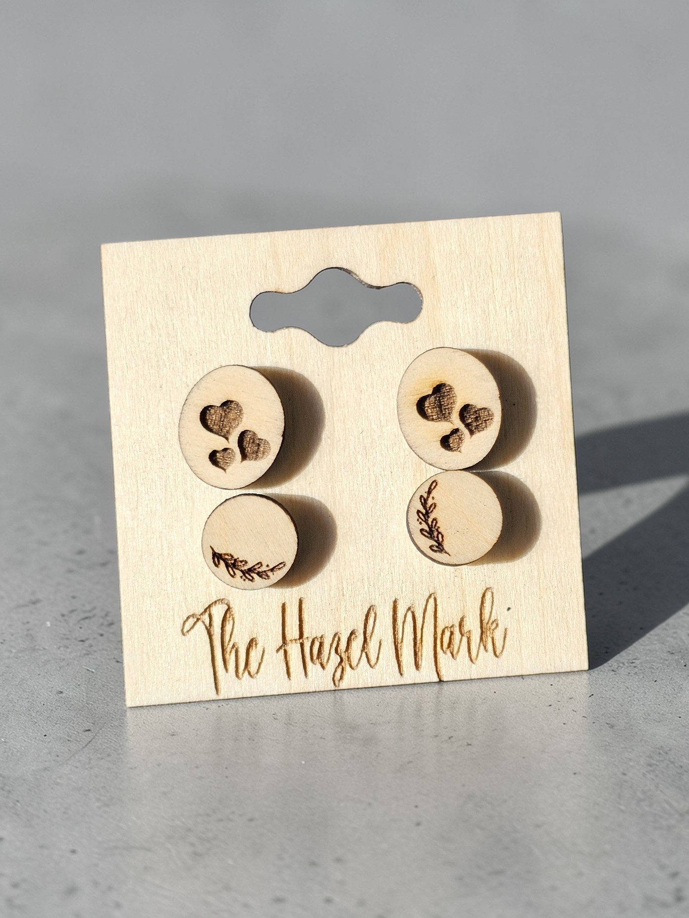 Engraved Hearts & Botanical Sprig Wood Stud Set
