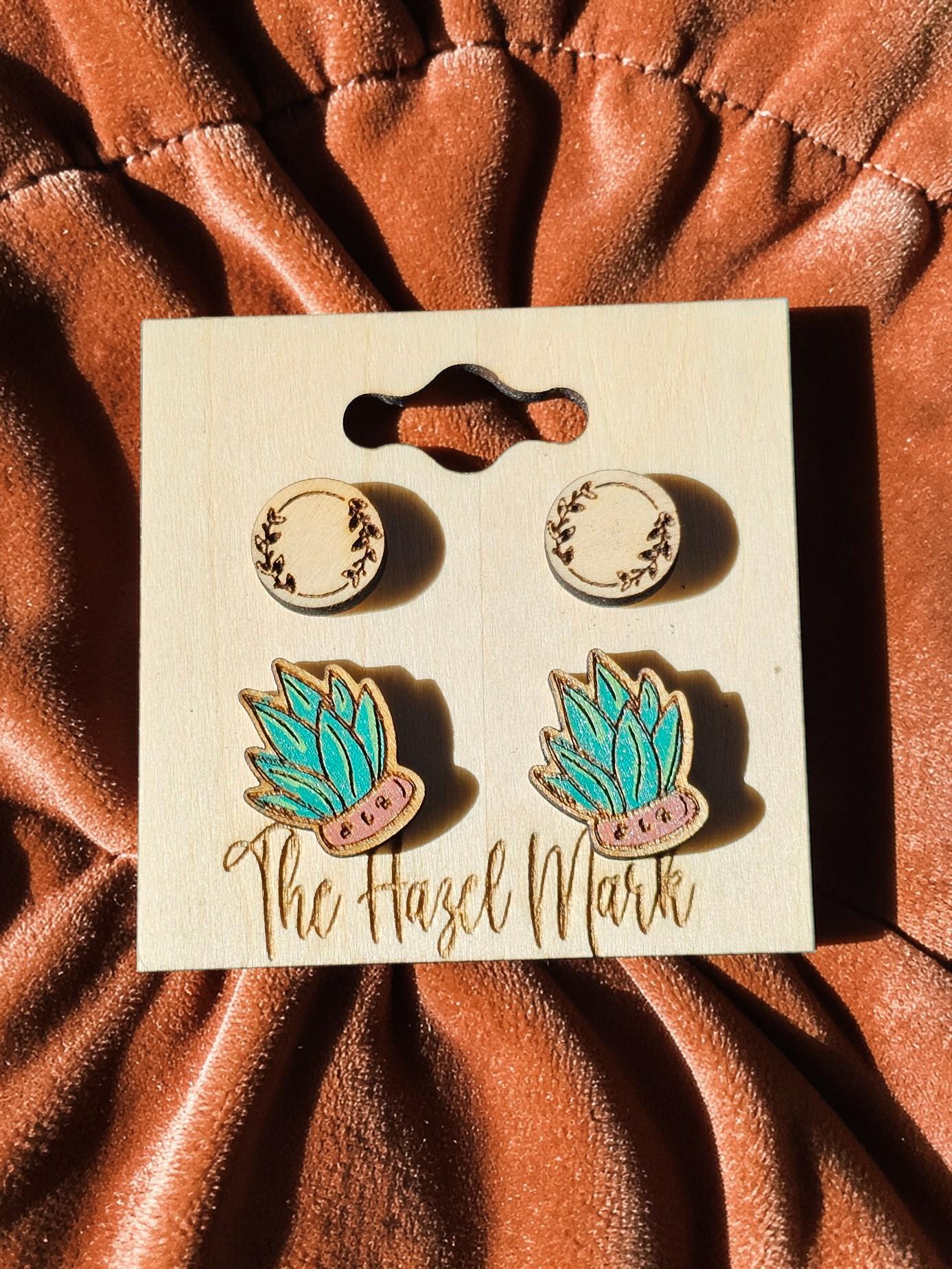 Hand-Painted Succulent & Engraved Laurel Wood Stud Set