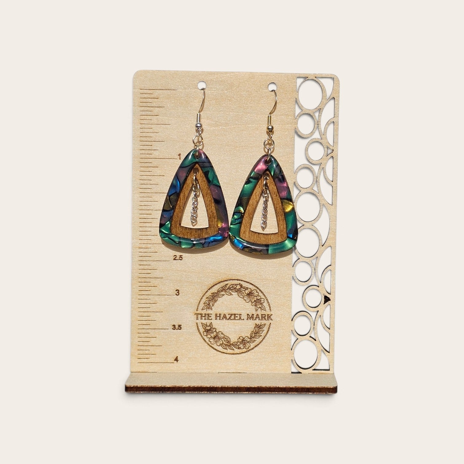Abalone Shell Inlay Triangular Wooden Dangle Earrings