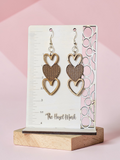 Stacked Triple Heart Knit Engraved Wood Earrings