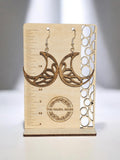 Laser-Cut Crescent Moon Botanical Wooden Earrings