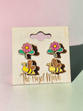 Hand-Painted Honeybee & Flower Wood Stud Set