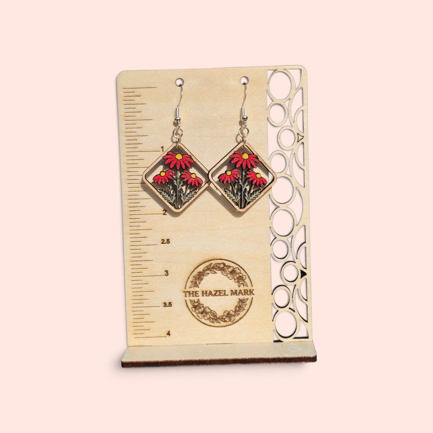 Hand-Painted Red Floral Diamond Wooden Earrings